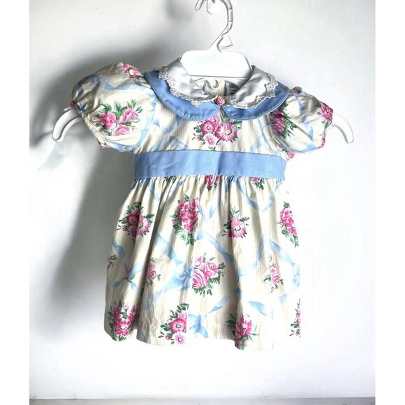 Vtg Cottage core Baby Prairie Twirl Dress Bow Collar Girl Cabbage Rose Lace Trim - Picture 3 of 11